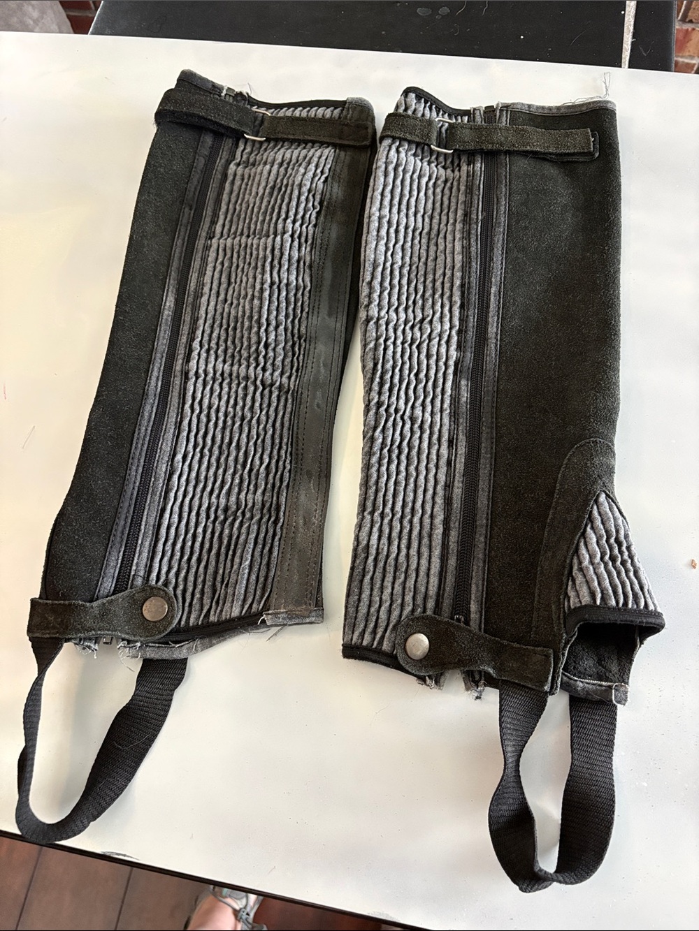Pair of Black Suede Half Chaps with Gray Ribbed Panels